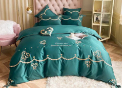 Bộ chăn ga gối lụa thêu 7 món màu xanh