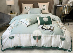 Bộ chăn ga gối lụa thêu 7 món hình tú cầu xanh