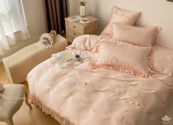 Bộ chăn ga gối lụa thêu 7 món tiểu thư màu hồng