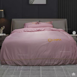 Chăn ga gối khách sạn Olympia lụa thêu 5 món màu hồng phấn