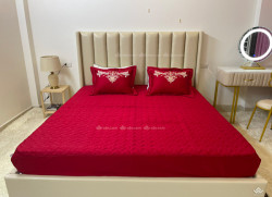 Xả kho bộ ga gối chun chần vải sợi gỗ Olympia Royal màu đỏ 