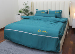 Chăn ga gối khách sạn Olympia lụa thêu 5 món xanh coban