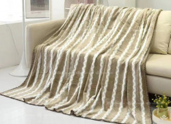 Chăn tuyết lông thỏ Pompon kẻ sọc mã 06 màu be