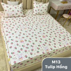 Bộ ga gối chun chần xơ đậu nành mã 13 Tulip hồng