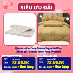Combo cưới 08: Đệm cao su Kim Cương Diamond Happy Gold + Chăn ga gối Singapore vải sợi gỗ 7 món