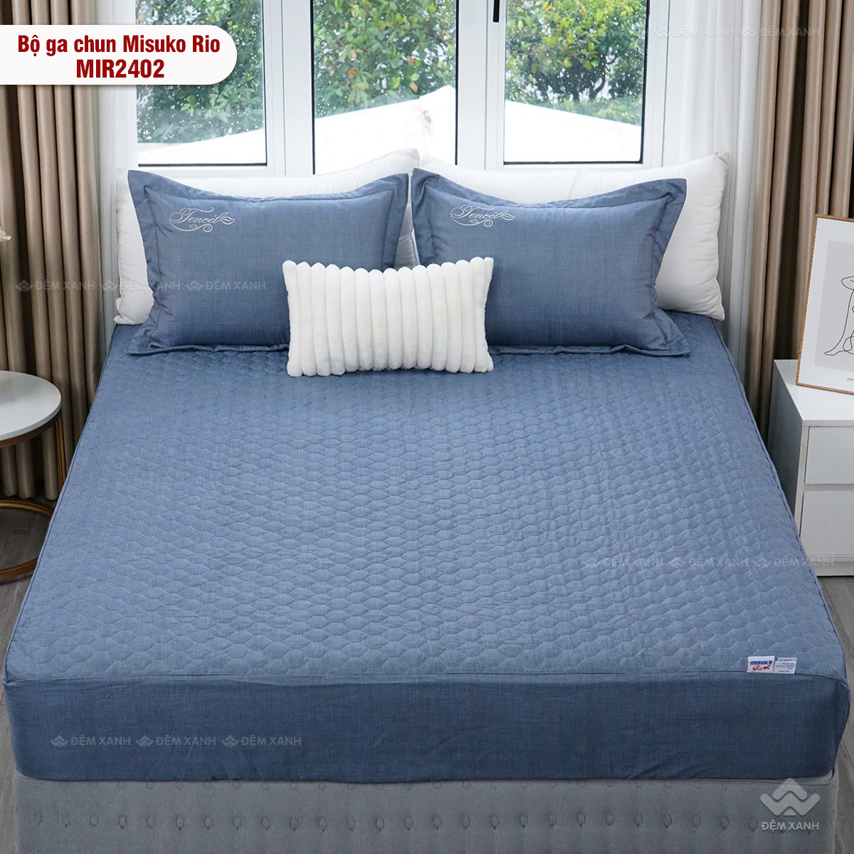 Bộ ga gối chun chần Misuko Tencel Rio MIR2402 xanh dương
