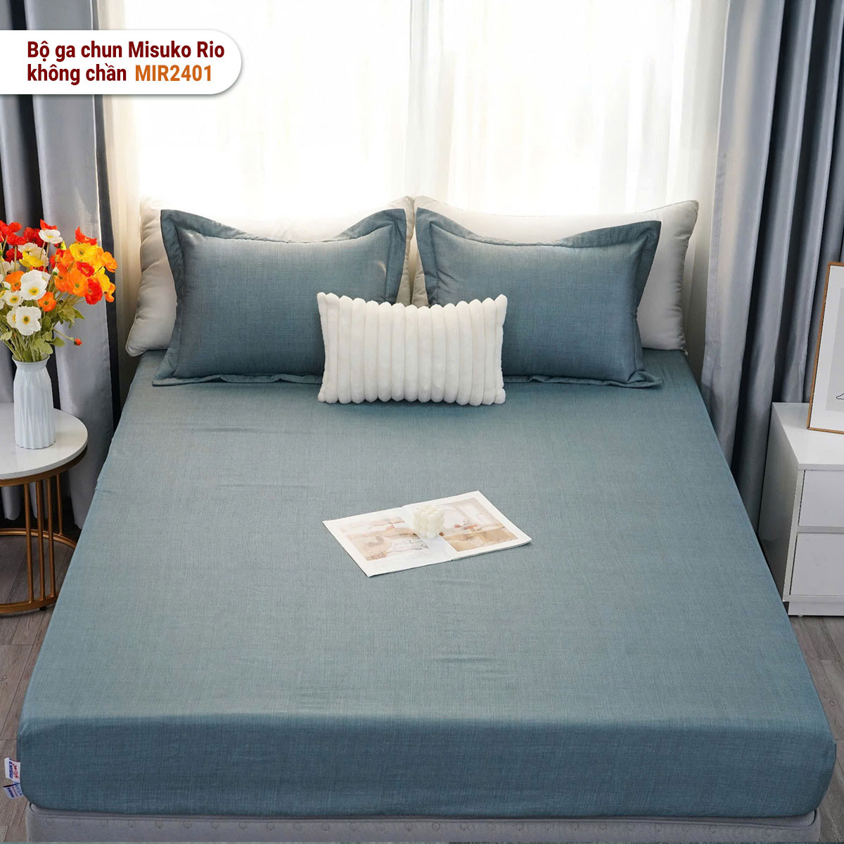 Bộ ga gối chun không chần Misuko Rio MIR2401 màu xanh cổ vịt