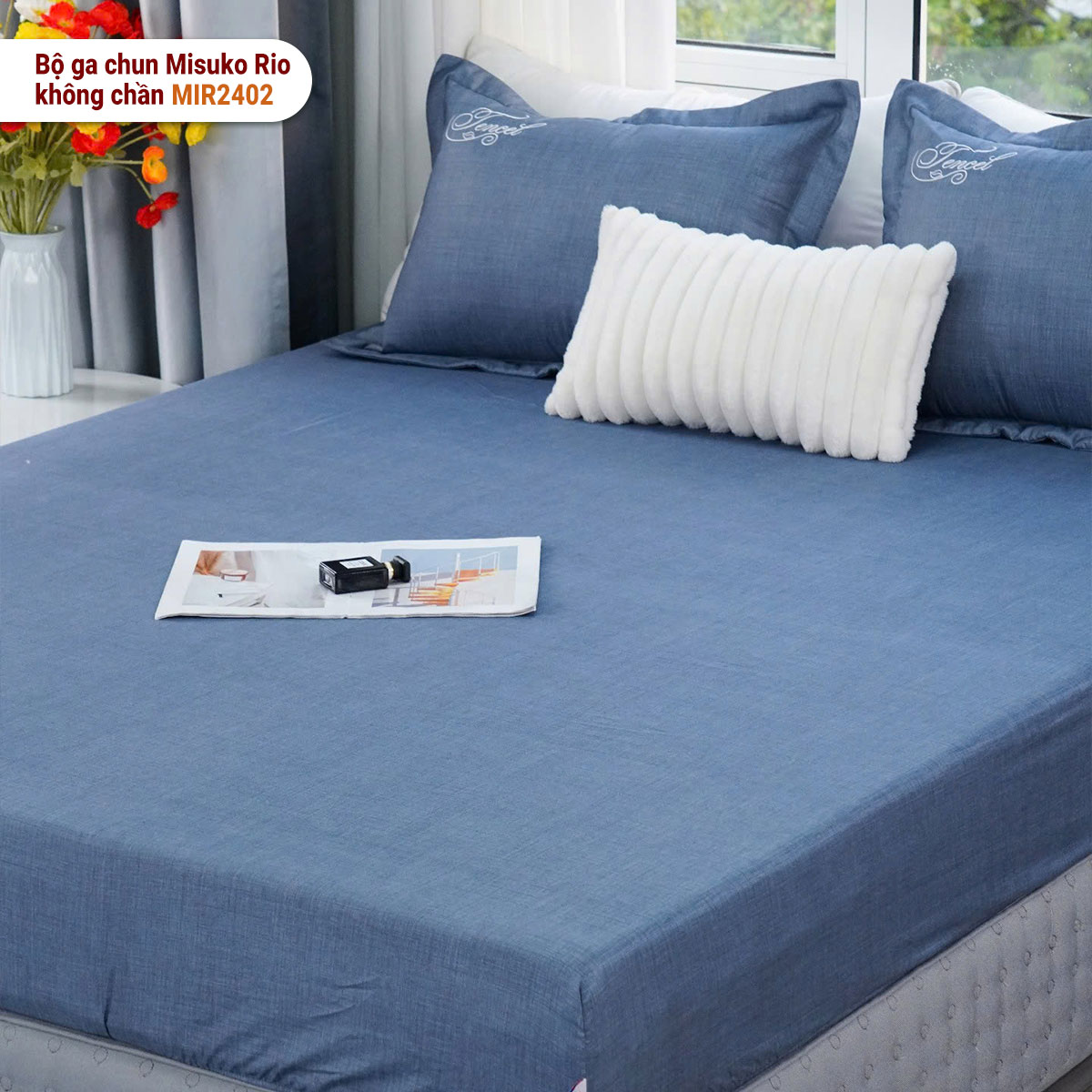 Bộ ga gối chun không chần Misuko Tencel Rio MIR2402 xanh dương