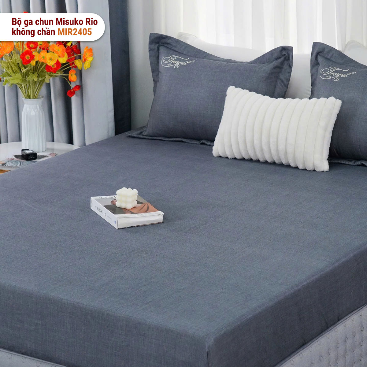 Bộ ga gối chun không chần Misuko Tencel Rio MIR2405 màu xám đậm