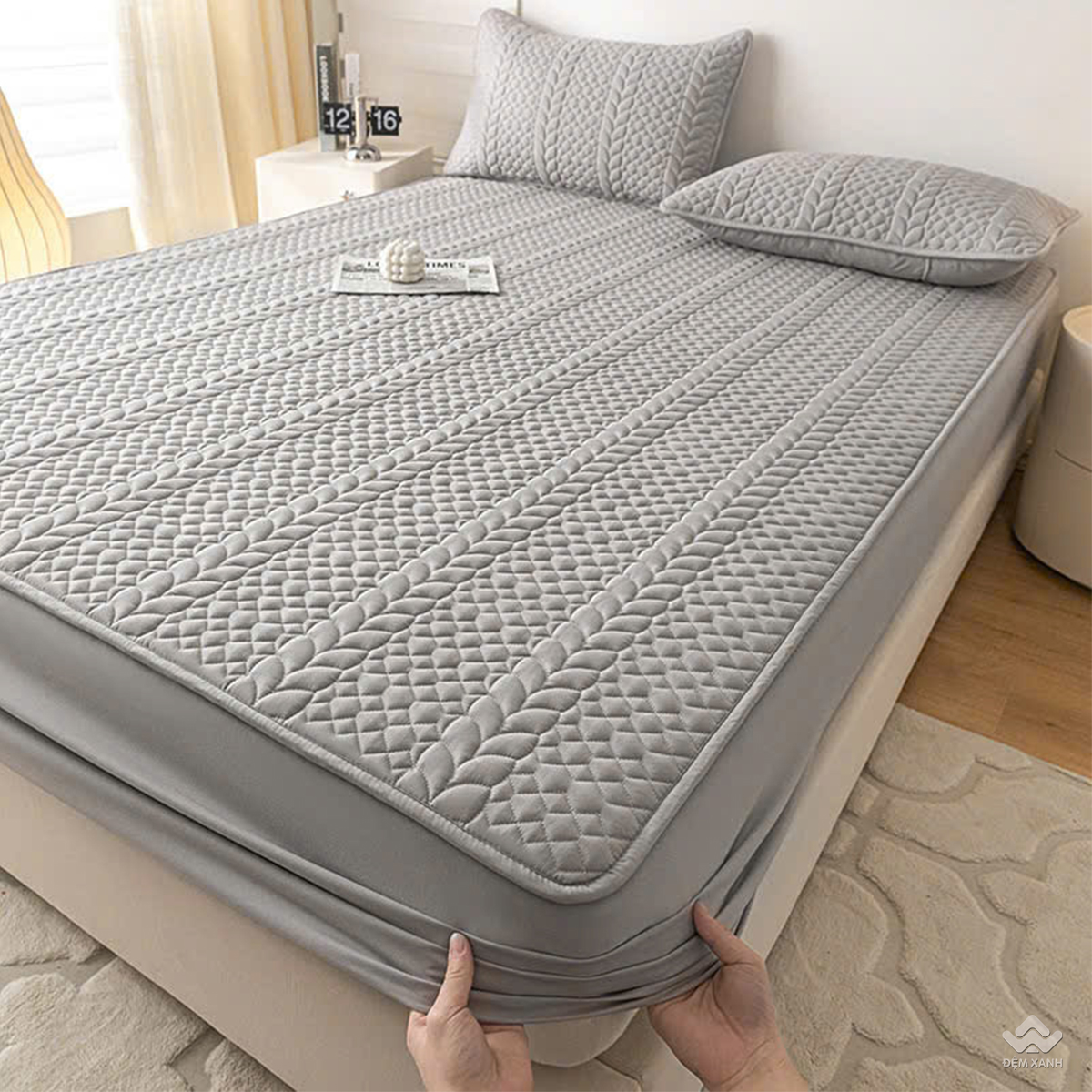 Bộ ga chun Cotton chống thấm màu xám trắng