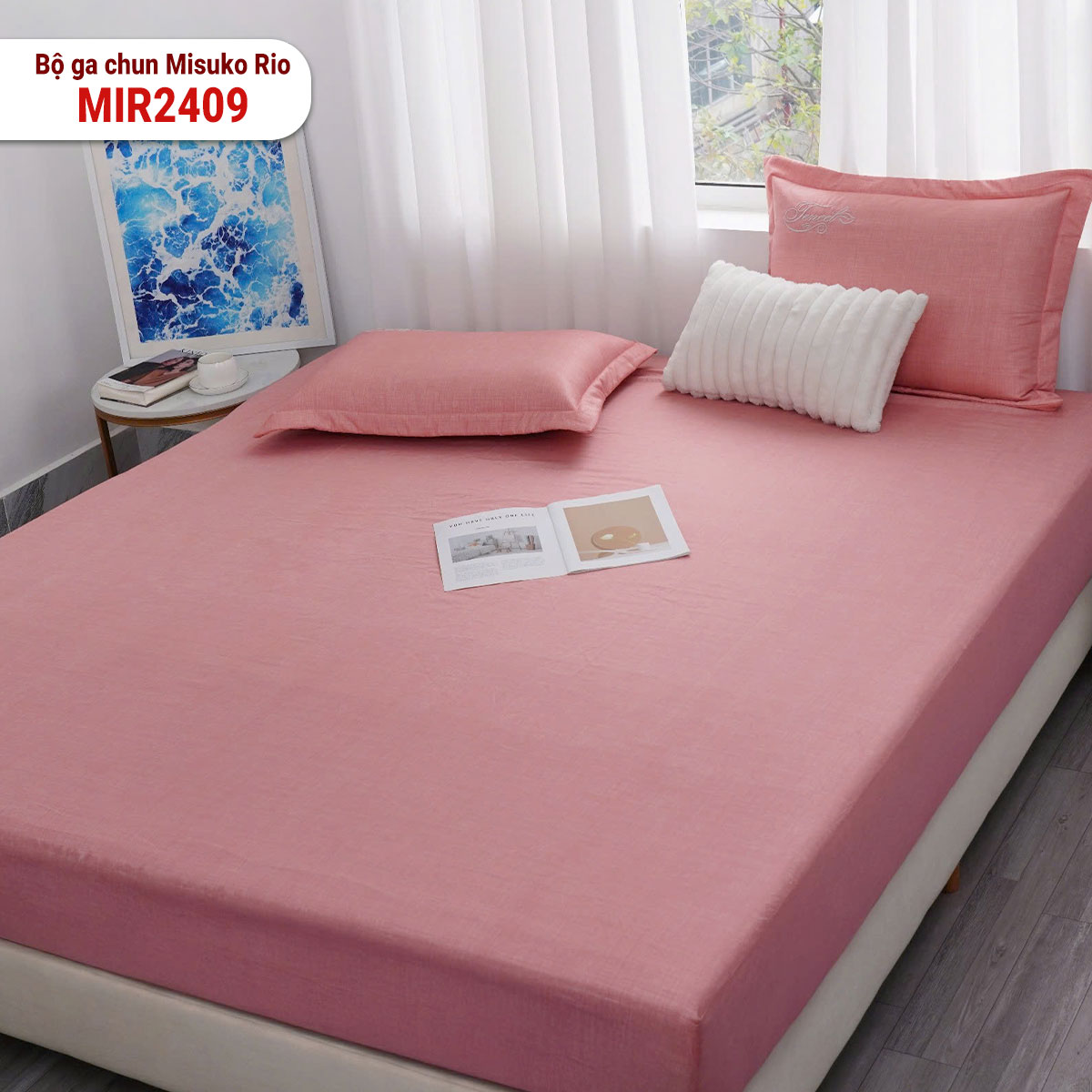 Bộ ga gối chun không chần Misuko Tencel Rio MIR2409 hồng phấn